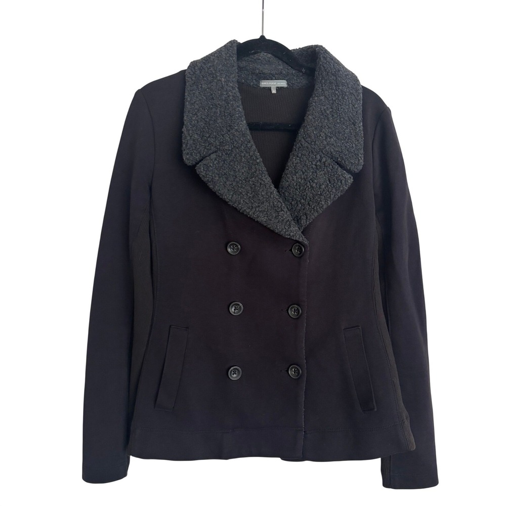 James Perse Double Breasted Cotton Jacket Grey Wool Blend Boucle Collar Sz 4